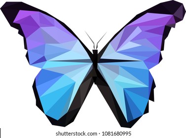 Polinomial blue and purple butterfly, Low poly violet butterfly, butterfly from triangles, Vector graphics