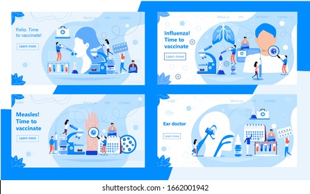 Polio, influenza,  vaccination vector. Time to vaccinate measles, rubeola. Medical illustration syringe with vaccine, bottle for website, apps. Ear doctor web template.