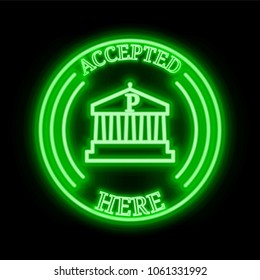 Polis (POLIS) green  neon cryptocurrency symbol in round frame with text "Accepted here". Vector illustration isolated on black background