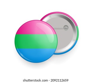 Polisexual flag round glossy metallic 3d badge mockup. Lgbtq flag, official symbol of polisexual community. Front and back side of pin button realistic vector illustration