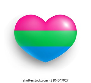 Polisexual pride flag of heart shape, glossy badge. Lgbtq flag, official symbol of polisexual community realistic vector illustration. Tolerance, freedom, rights, equality 3d button