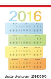 Polish 2016 vector color calendar. Week starts from Monday.