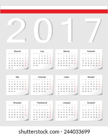 Polish 2017 vector calendar with shadow angles. Week starts from Monday.
