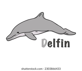 Polish alphabet with the image of a dolphin. Translation from Polish: dolphin. Vector cartoon hand drawn illustration