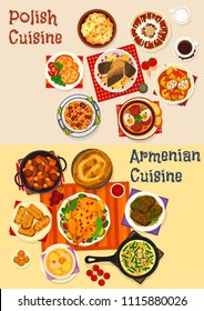 Polish and Armenian cuisine festive dinner menu icon set. Vegetable meat stew with sausage, meat roll and beef dolma, baked chicken and fish, potato pancake, dumpling, honey cake and cookie