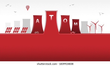 Polish atom. Polish nuclear energy program. Renewable energy sources. Nuclear power stations in Poland. Vector.