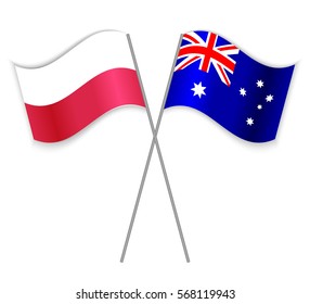 Polish and Australian crossed flags. Poland combined with Australia isolated on white. Language learning, international business or travel concept.