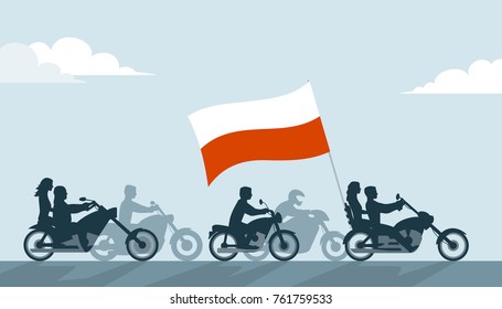 Polish bikers on motorcycles with national flag