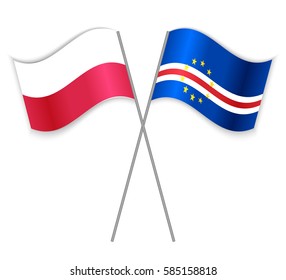 Polish and Cabo Verdean crossed flags. Poland combined with Cape Verde isolated on white. Language learning, international business or travel concept.