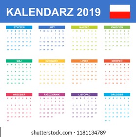 Polish Calendar for 2019. Scheduler, agenda or diary template. Week starts on Monday