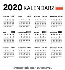 Polish calendar 2020 with simple black numbers, week starts on Monday. Vector calendar 2020.