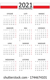Polish calendar for 2021. 12 months on one page. Weekend start from Monday. Clean and transparent style. Monochrome Calendar Layout. Red Sunday.