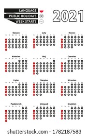 Polish calendar 2021 with numbers in circles, week starts on Sunday. 2021 with flag of Poland. Vector calendar 2021.
