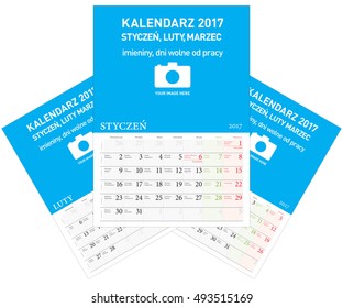 Polish calendar A3 format with names and holidays three months January February March. Kalendarz 2017 trzy miesiace Styczen Luty Marzec Pozostale miesiace w innych plikach