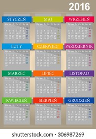 Polish calendar for year 2016, week starts on Monday, vector illustration