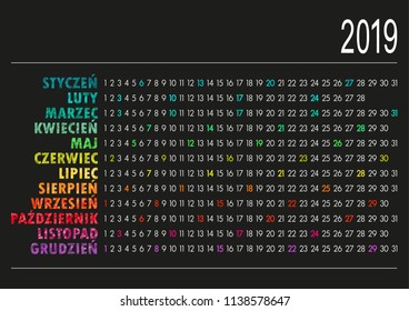 Polish calendar for year 2019 on black background