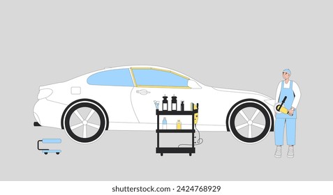Polish car concept. Garage service. Repair auto body. Remove scratch on vehicle. Worker with automobile and machine prepare to restoration exterior. Vector illustration. svg
