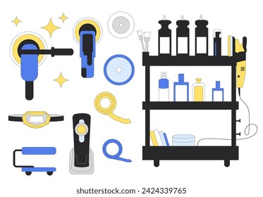 Polish car equipment set. Repair auto. Remove scratch on vehicle. Vector illustration kit of isolated automobile service tools. svg