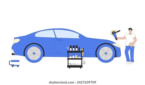 Polish car. Repair auto. Remove scratch on vehicle. Young detailer worker with automobile garage. Vector illustration isolated on white background. svg