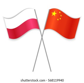 Polish and Chinese crossed flags. Poland combined with China isolated on white. Language learning, international business or travel concept.