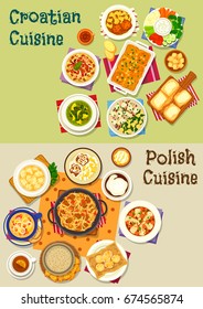 Polish And Croatian Cuisine Icon Set With Meat And Fish Vegetable Stew, Bean Sausage And Spinach Soup, Meat Dumpling, Fresh Vegetable With Cream Sauce, Meatball In Tomato, Cake, Donut, Cheese Strudel