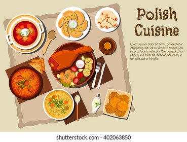 Polish cuisine dishes with pork leg and vegetables, meat and cabbage stew bigos, noodle chicken soup, vegetarian dumplings, beet soup, potato pancakes, cookies with jam and bottle of dark beer