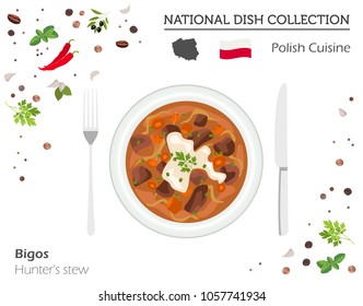 Polish Cuisine. European national dish collection. Hunter`s stew isolated on white, infographic. Vector illustration