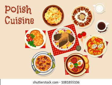 Polish cuisine icon with meat and vegetable dish. Cabbage stew with sausage and bacon, potato pancake and dumpling, meat cabbage roll, baked carp fish, sausage soup with egg and honey cake with cream