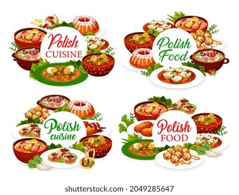 Polish cuisine menu cover design, food dishes of Poland, vector restaurant meals. Traditional Polish cuisine food, pork schnitzel and borscht, Warsaw donuts and baba cupcake pastry with pike perch