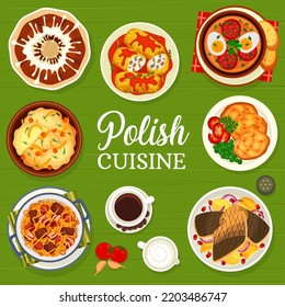 Polish cuisine menu cover design template. Carp fish with spice sauce, soup Bialy Barszcz and rolls Golabki, sauerkraut meat stew bigos, polish coffee and Babka cake, dumplings Kopytka, pork schnitzel