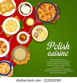 Polish cuisine menu cover. Sausage soup, pumpkin starch drink Kissel and meat stew Bigos, cup of tea, roast lamb and stuffed dumplings, braised carp fish, sugar donut Paczki and beer soup Gramatka