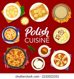 Polish cuisine menu cover. Sugar donut Paczki, carp fish braised with vegetables and roast lamb, tea, stuffed dumplings, sausage and beer soup, pumpkin starch drink Kissel, sauerkraut meat stew Bigos