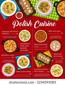 Menú de cocina polaca, almuerzo de restaurante o cena, comida vectorial de Polonia. Cocina tradicional polaca, platos gourmet de gulasch de ternera, ragú de chucrut con salchichas ahumadas y sopa de futbolín