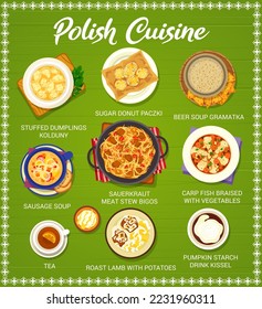 Polish cuisine menu. Sausage soup, pumpkin starch drink Kissel and donut Paczki, meat stew Bigos, dumplings Kolduny and roast lamb with potatoes, carp fish braised with vegetables, beer soup Gramatka