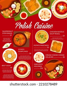 Polish cuisine menu with traditional food vector dishes of vegetables and meat. Potato dumplings pierogi and pancakes, sauerkraut stew bigos and chicken noodle soup, cookies, ham hocks and borscht