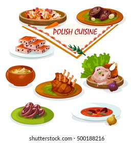 Polish cuisine savory dishes cartoon icon with beef rolls stuffed bacon and porcini, baked duck with mushroom sauce, vegetable stew bigos, pork ribs, sauerkraut soup, nut cookie and headcheese