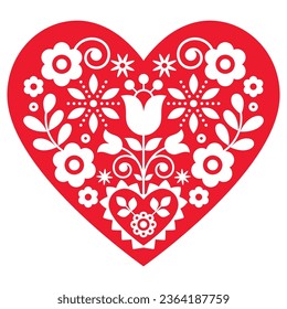 Diseño del corazón del vector de arte folclórico lindo polaco floral con flores perfecto para la tarjeta de saludo de San Valentín o invitación a la boda - patrón polaco. Corazón rojo con adornos de cuadros inspirados en la decoración floral