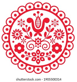 Polish cute folk art vector round framed design with flowers and leaves - greeting card or wedding invitation ornament. Traditional  pattern inspired by embroidery Lachy Sadeckie from Poland