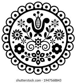 Polish cute folk art vector round framed design with flowers and leaves - black and white greeting card or wedding invitation ornament. 	
Traditional  pattern inspired by embroidery Lachy Sadeckie f
