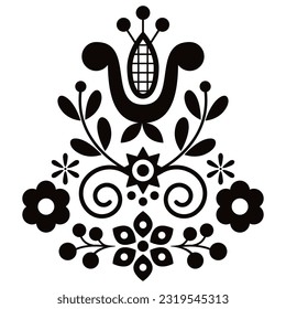 Diseño vectorial de arte folclórico lindo polaco con flores y hojas - tarjeta de saludo o ornamento de invitación a la boda en blanco y negro. Patrón monocromo tradicional inspirado en el bordado Lachy Sadeckie 