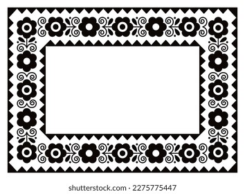 Polish  decorative floral folk art rectangle frame vector design, perfect for greeting card or wedding invitation in black and white. 	
Retro Slavic border or frame with flowers, pattern