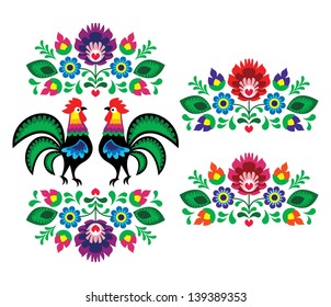 Polish ethnic floral embroidery with roosters - traditional folk pattern