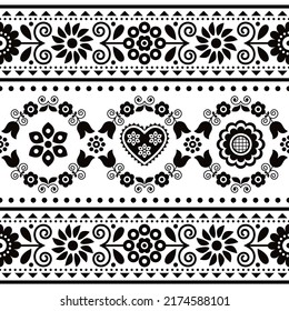 Rastreo de bordado sin fisuras del vector étnico polaco con motivos florales inspirados en el bordado de arte folclórico Lachy Sadeckie - adorno en blanco y negro con papel textil o de tela. Fondo repetitivo tradicional 