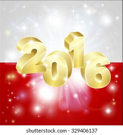 A Polish flag with 2016 coming out of it with fireworks. Concept for New Year or anything exciting happening in Poland in the year 2016.