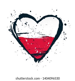 Polish flag in the form of a big heart. Vector illustration on white background. Brush strokes drawn by hand. Independence Day in Poland.
