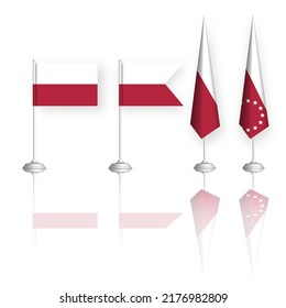 Polish flag in four versions with mirror reflection. Front view, vector illustration.