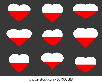 Polish flag in heart. Collection of hearts with the Polish flag. Vector illustration.