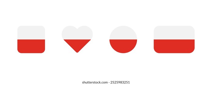 Icono de bandera polaca. Bandera de Polonia signo de Vector. Anuncio nacional polaco. Emblema de Polonia blanco y rojo. Anuncio minimalista simple de Varsovia en cuatro Formas diferentes: cuadrado, corazón, círculo y rectángulo.