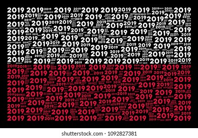 Polish Flag mosaic designed with 2019 year text elements. Flat vector 2019 year text icons are arranged into geometric Poland flag illustration on a black background.