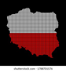 Polish flag on map made from squares, infographic isolated on black. Red and white patriotic colours of Poland. Halftone effect vector file. illustrated pixel mosaic composition for geography poster.